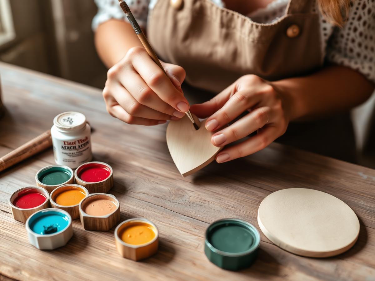 Jéssica pintando a mano un corazón de yeso en su taller